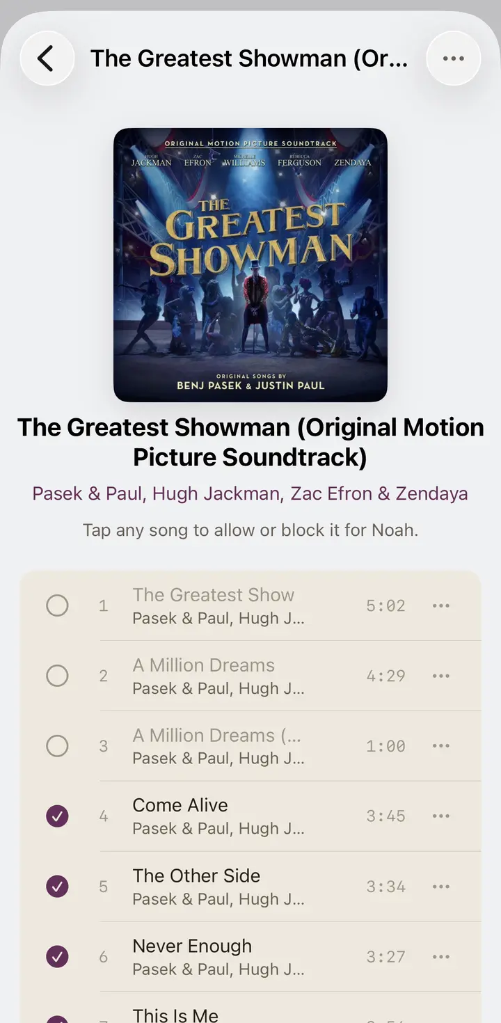 The parent view: approving or blocking individual songs on an album